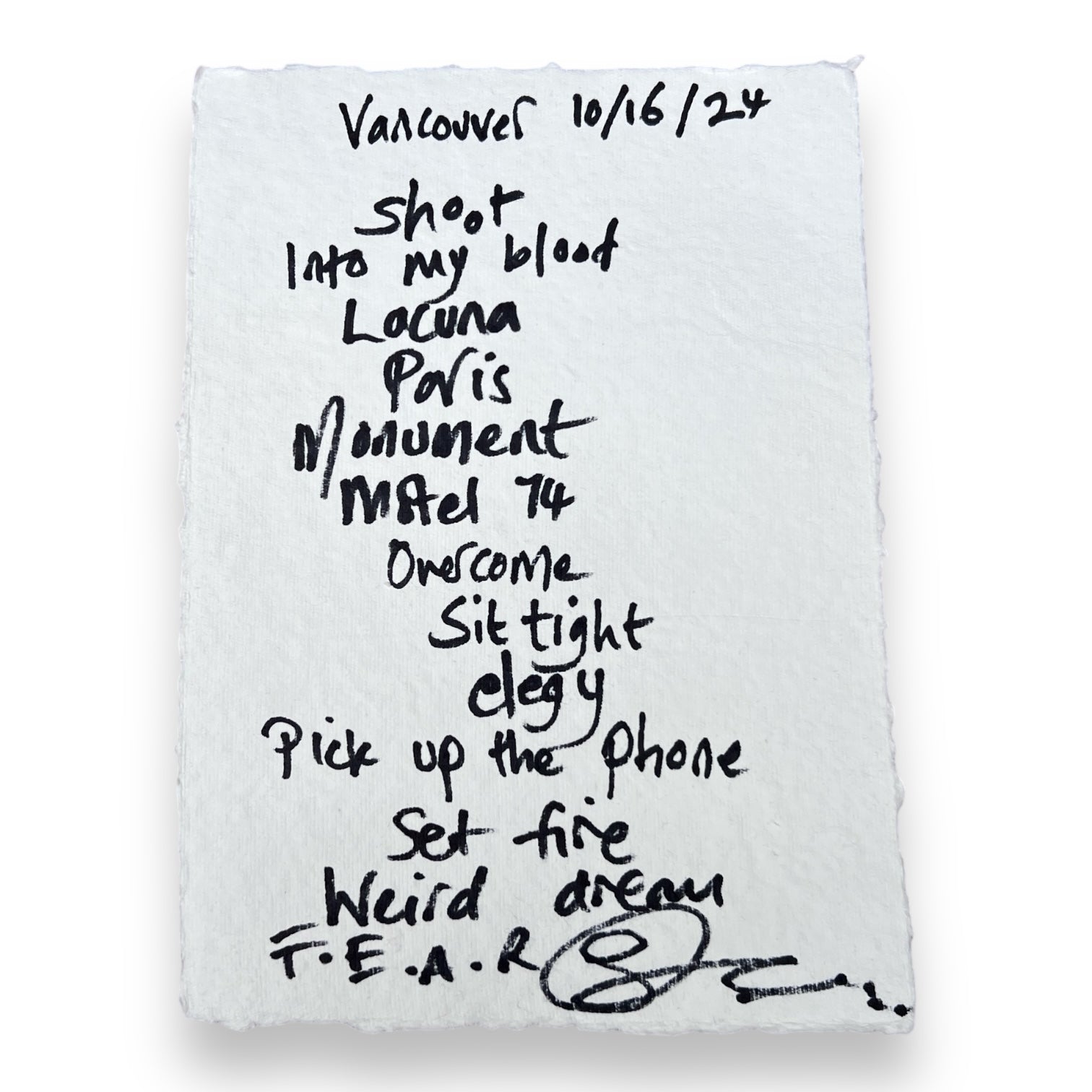 Carina Round Handwritten Set Lists On Cotton Paper