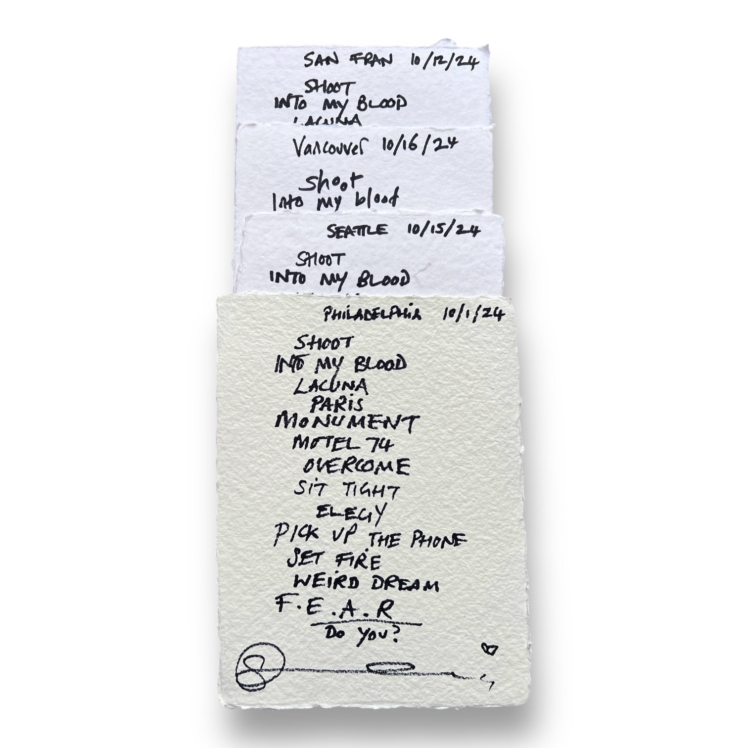 Carina Round Handwritten Set Lists On Cotton Paper